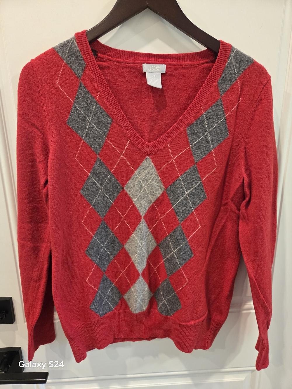 Joe Fresh Red and Gray Argyle V-Neck Sweater